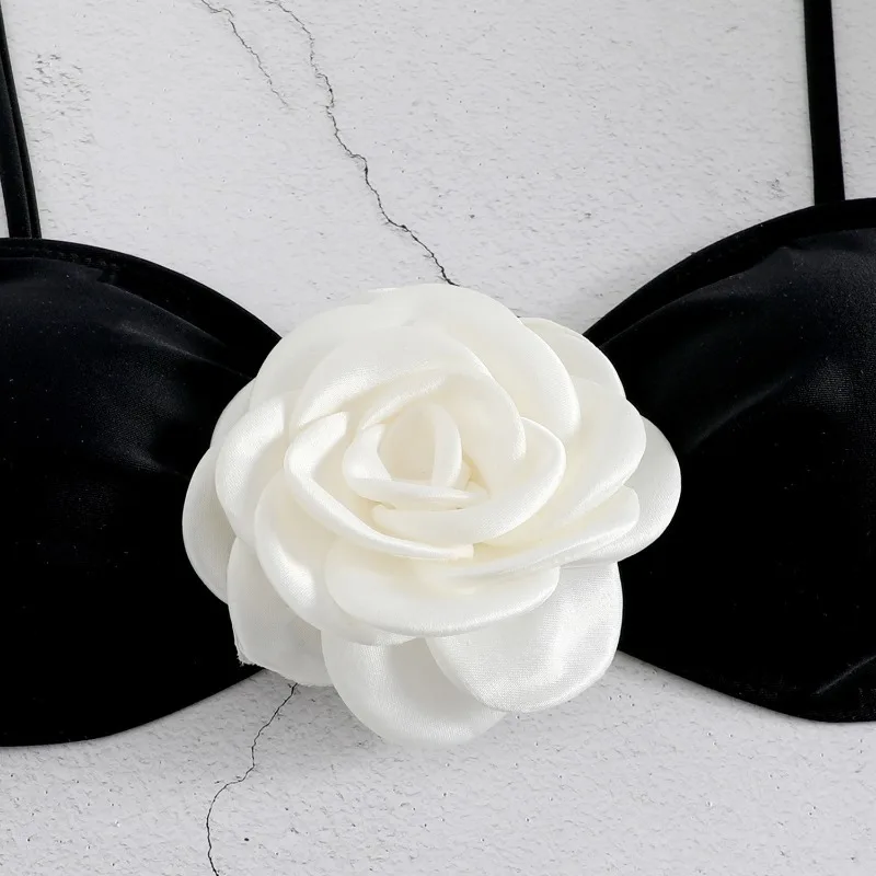 Women's 2 Piece 3D Rose Swimsuit Bikini Spaghetti Strap High Waisted Bathing Suit Beachwear