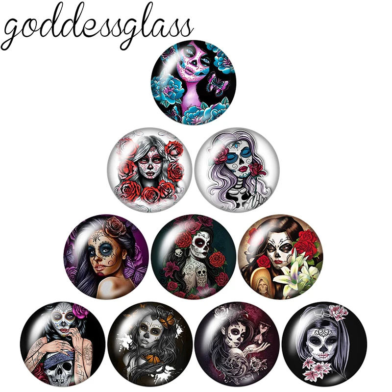 Day Of The Dead Supar Skull Girl Rose 10Pcs Mixed 12Mm/18Mm/20Mm/25Mm Round Photo Glass Cabochon Demo Flat Back Making Risultati