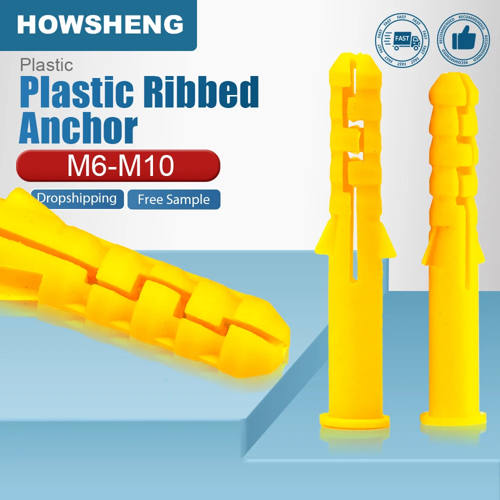 HOWSHENG 20-100pcs Plastic Expansion Pipe Tube Rubber Plug Wall Plugs M6 M8 M10 Plastic Ribbed Anchor for Self-tapping Screw