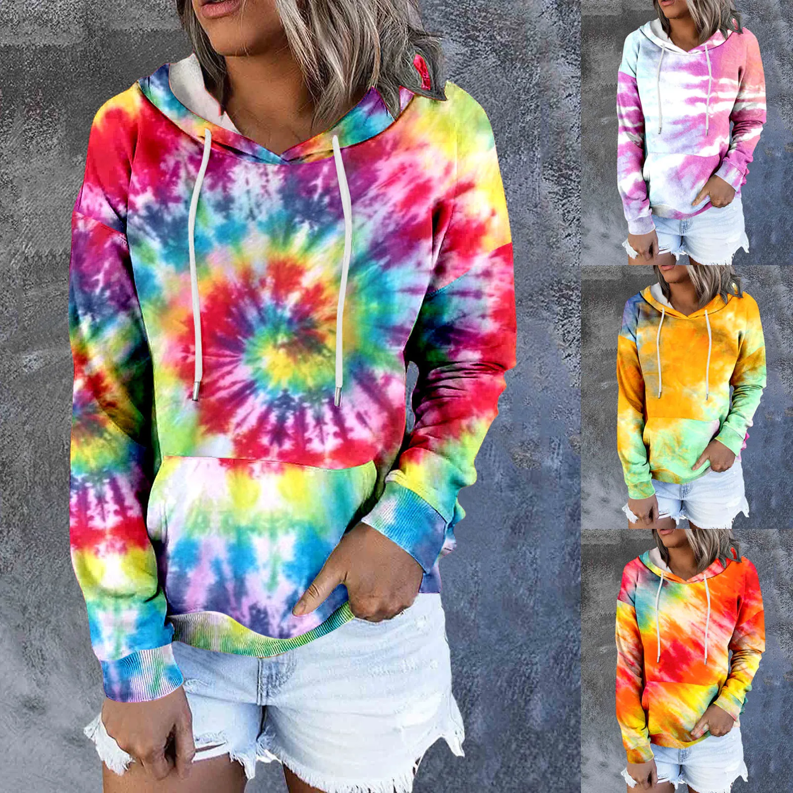 Women Autumn And Winter Casual Hooded Sweatshirt Tie Dye Printed Pocket Hooded Sweatshirt Cowboys Sweater Women