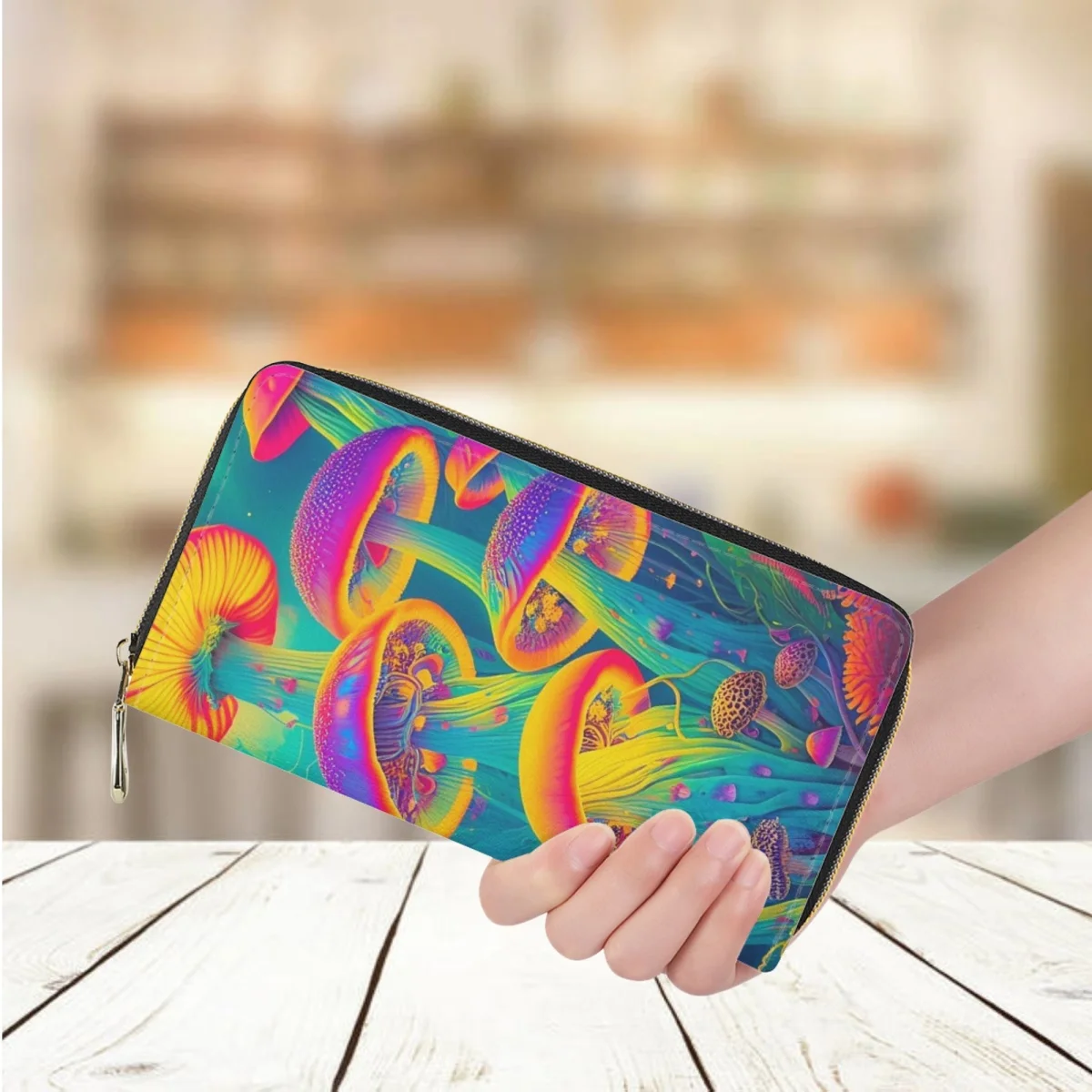 

Colorful Psychedelic Luminous Mushroom Print Women Wallet Leather Luxury Long Credit Card Holder Purse Casual Shopping Money Bag