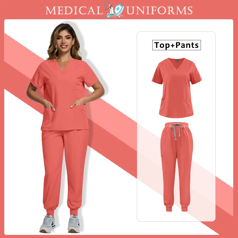 Medical Uniform Women Elastic Quick-drying Doctor Nurse Work Suit Solid Color V-neck Pockets Top+Pants Clinical Surgery