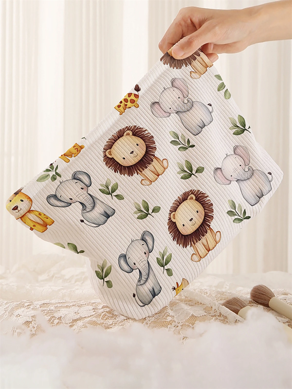 1pc cartoon pattern printed corduroy makeup bag, lightweight zipper makeup storage box, multifunctional bag with lining