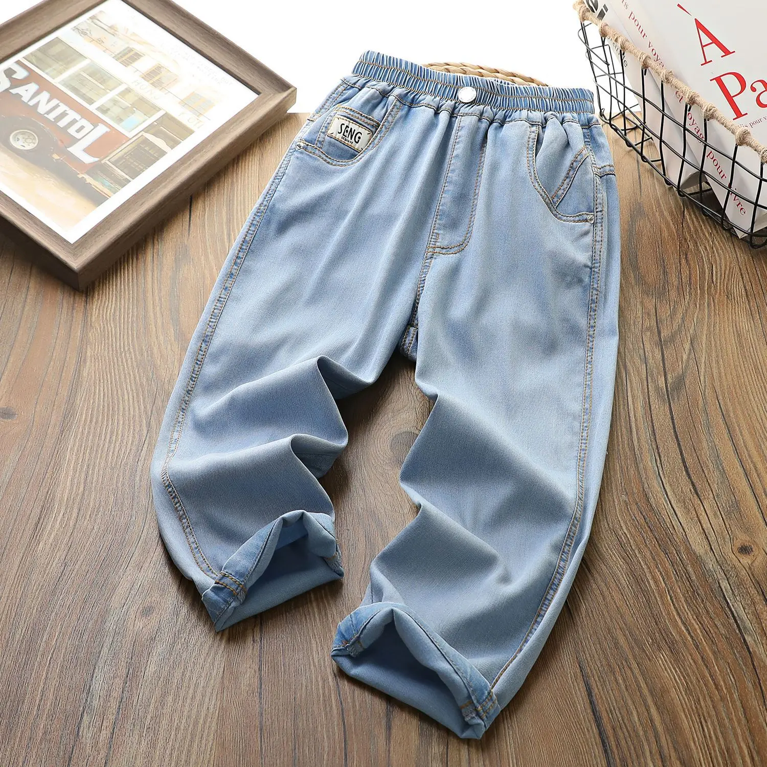 

Летние тонкие эластичные джинсовые брюки для мальчиков и девочек, джинсы класса А, новинка 2024