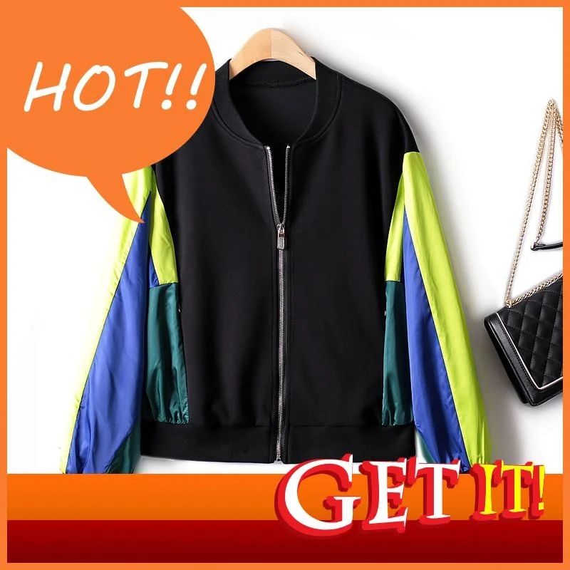 

Short Casual Color-blocking Raglan Sleeves Jacket 2023 Autumn Cardigan Stand Collar Space Cotton Slimming Baseball Uniform 4XL