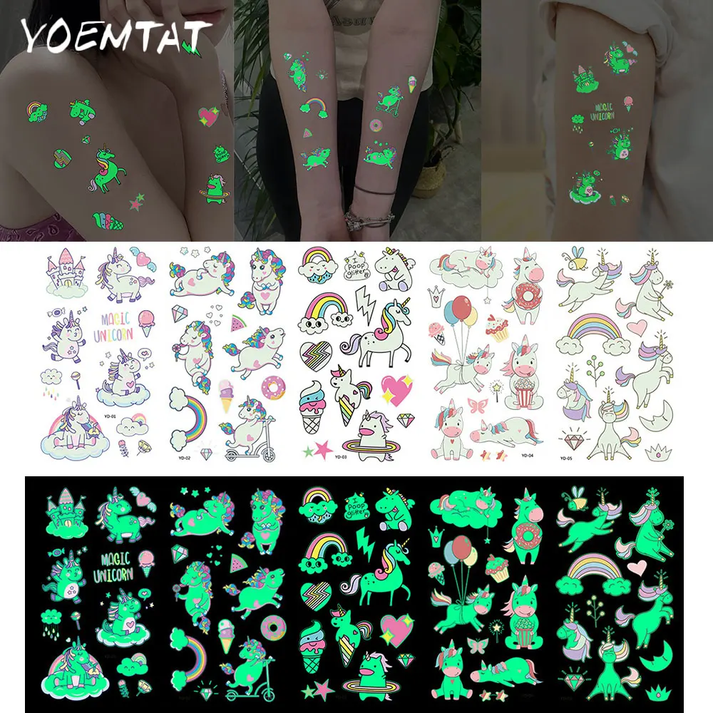 Temporary tattoos 5pcs Green Luminous Glow Waterproof Temporary Tattoo Stickers Cute Cartoon Unicorn For Kids Arm Face Body Art Fake Tattoos