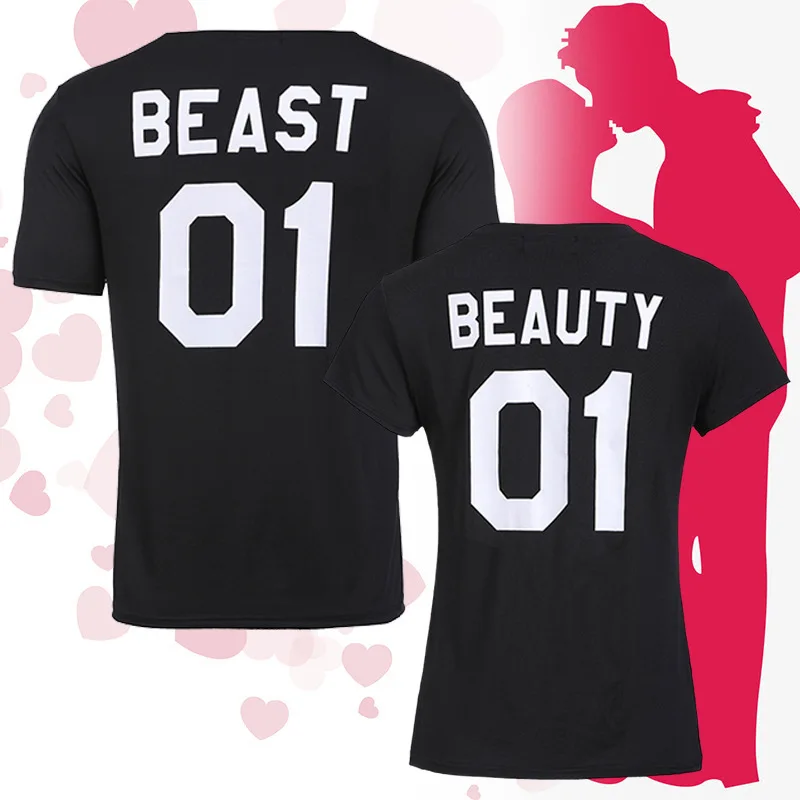 

King Queen Couples T Shirt BEAST BEAUTY Print Couple Tshirt Summer Fashion Woman T-shirt Casual O-Neck Tops Lovers Tee Shirt