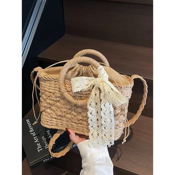 Forest-style straw bag for women2026New silk scarf bow handbag, woven bag for seaside vacation, shoulder and crossbody bag