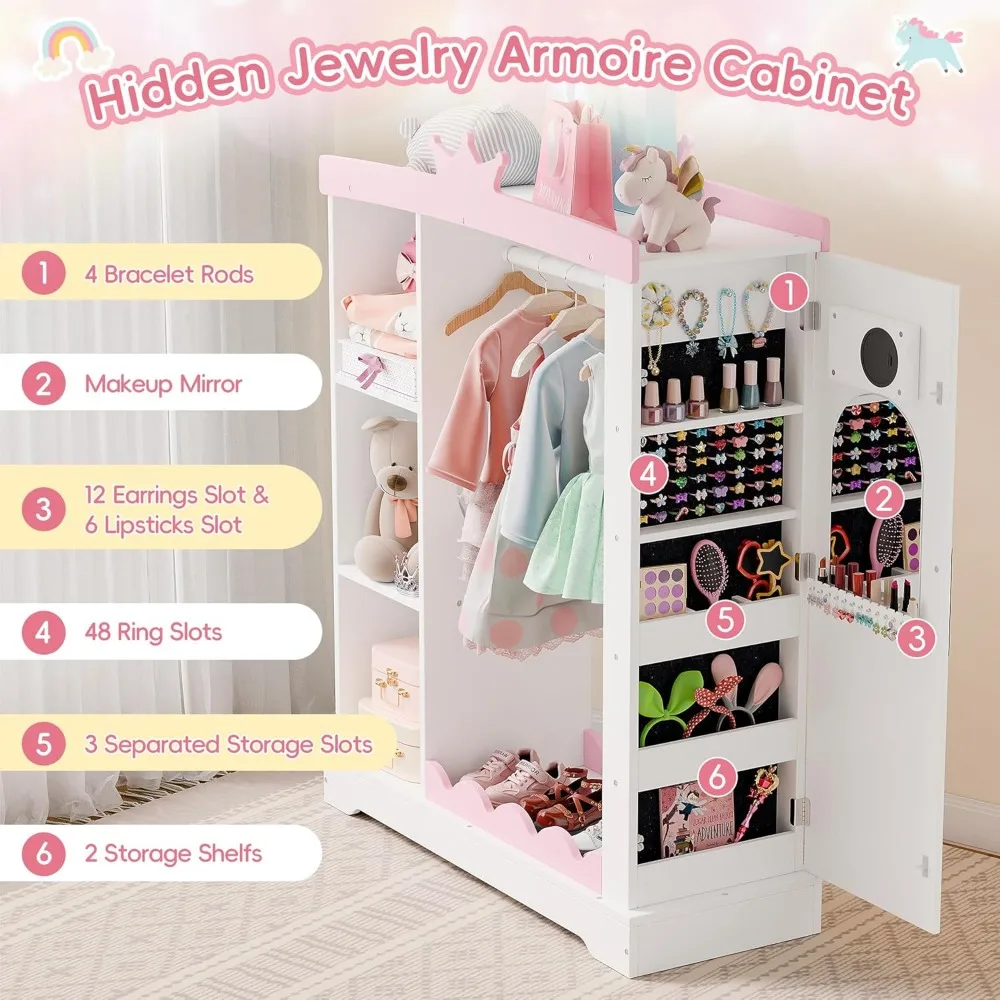 Kids Armoire with Jewelry Cabinet, Dress up Storage with Mirror and Shelves, Princess Dress Closet and Costumes Wardrobe Closet