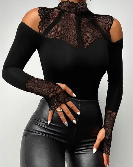 Women's Fashion Contrast Lace Long Sleeve Cold Shoulder Bodysuit 2024 Spring Summer New Casual Plain Skinny Daily Bodysuit