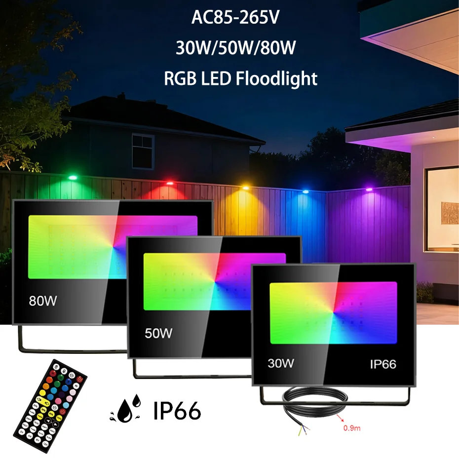 30W 50W 80W 야외 RGB LED 투광등 AC85-265V IP66 방수 스포트..