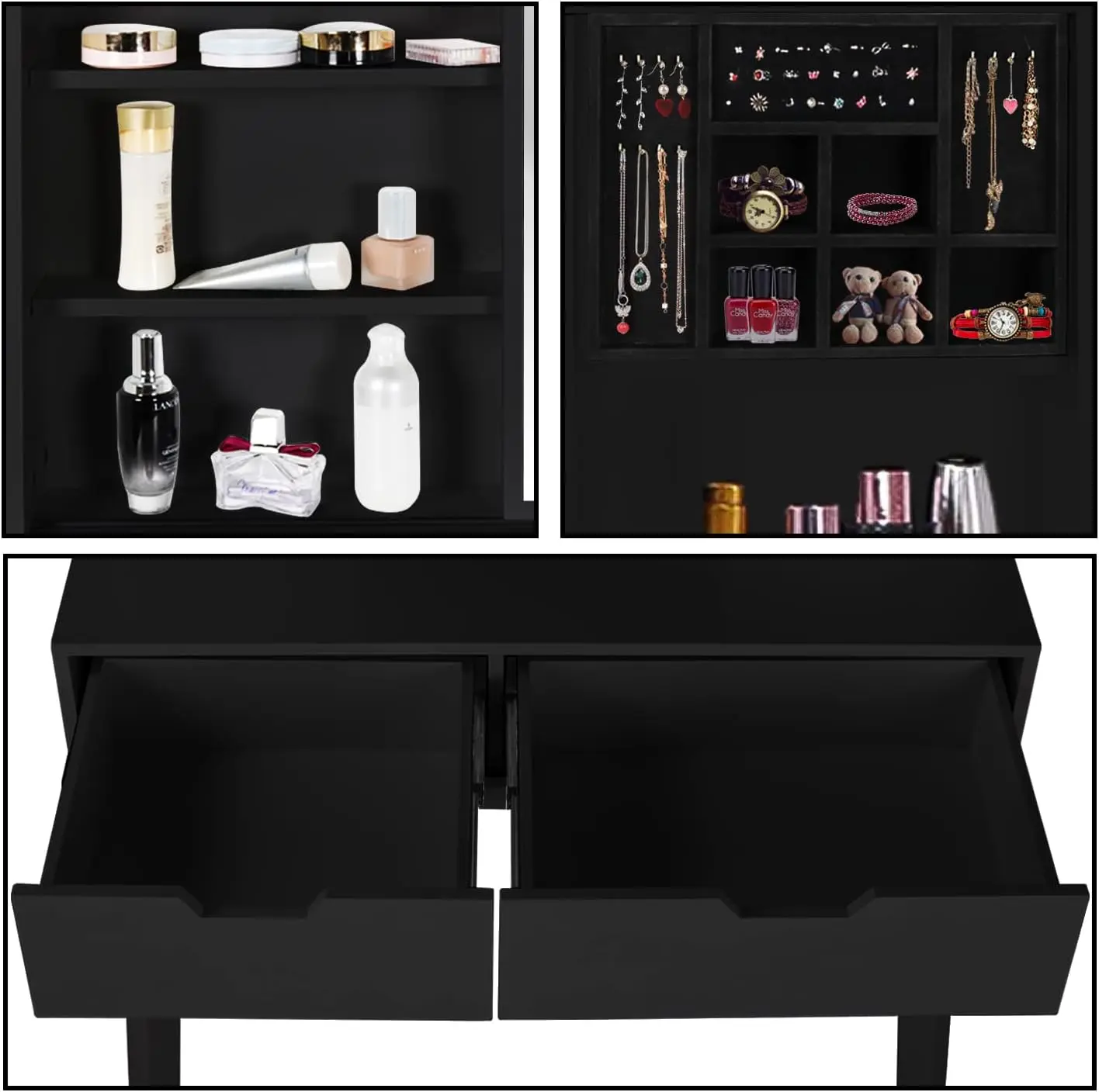 LYNSLIM White Vanity Desk with Sliding Mirror and Cushioned Stool Makeup Dressing Table with 2 Large Storage Drawers Storage