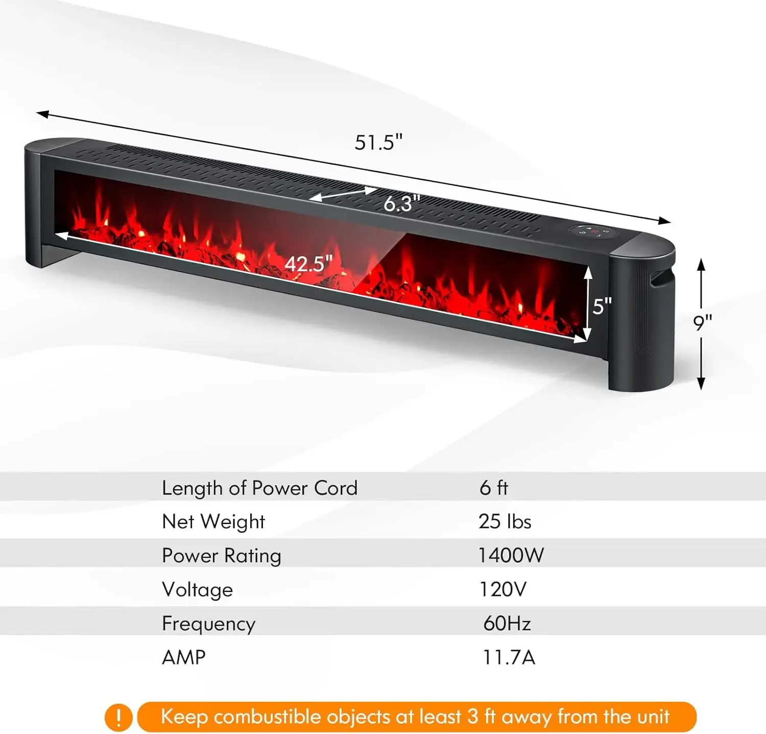 1400W Baseboard Heater, Electric Baseboard Heater with Remote, 6 Adjustable Realistic 3D Flame, Thermostat, Overheat Pr