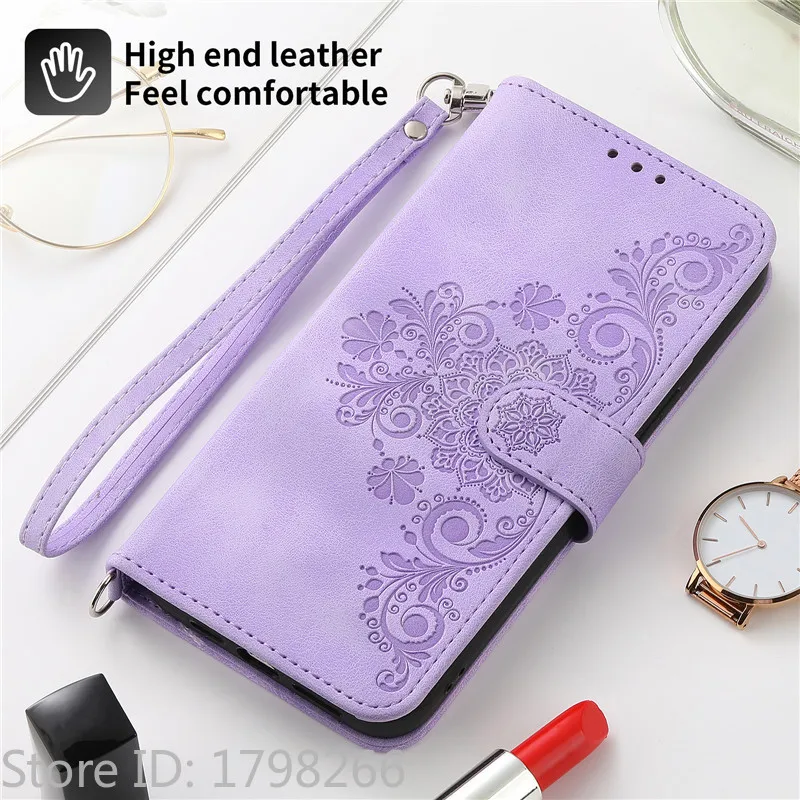 Leather Magnetic Phone Case with Floral Flip Wallet Design