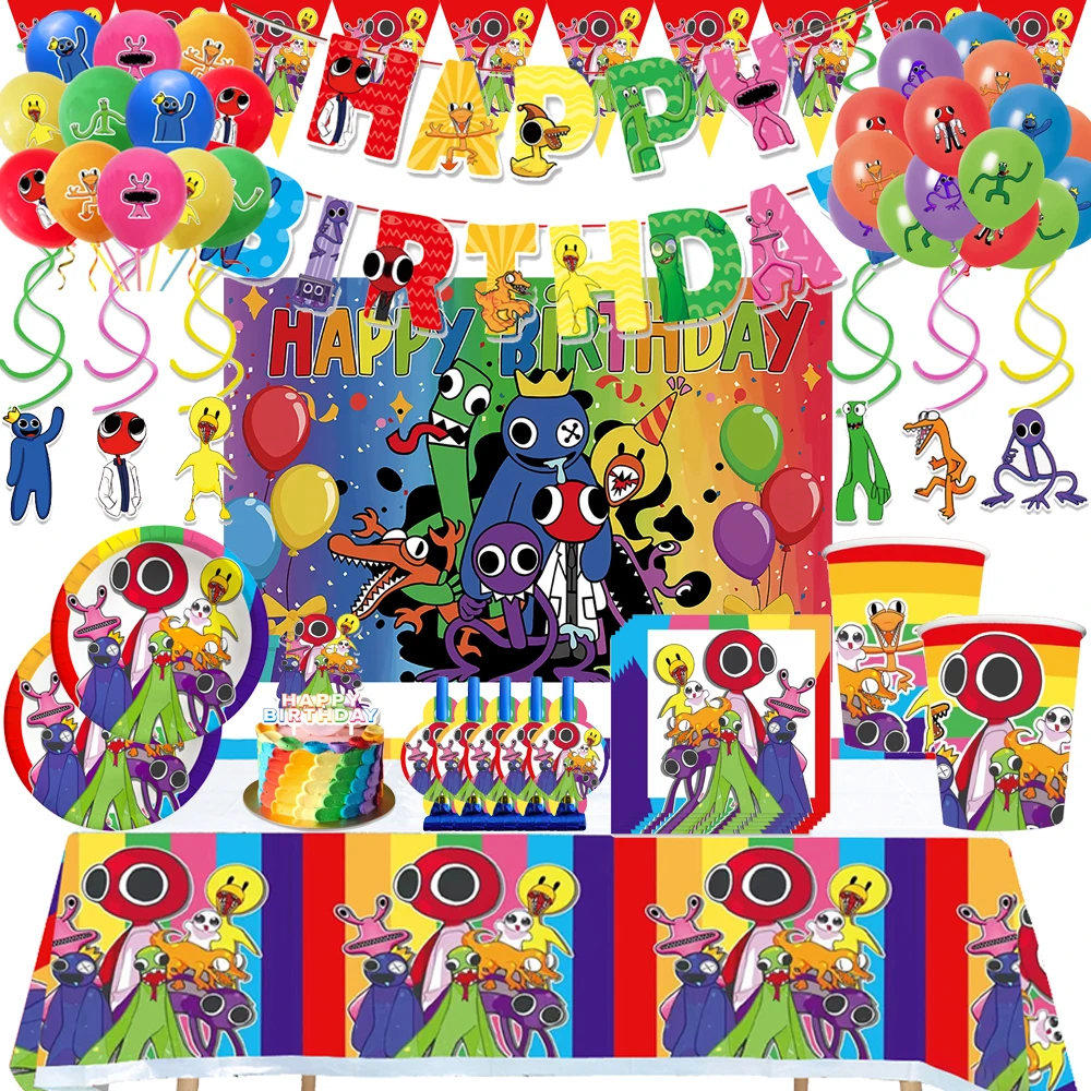 Rainbow Friends Birthday Party Decorations Balloons Disposable Tableware Paper Plates Tablecloth Backdrop for Kids Baby Shower