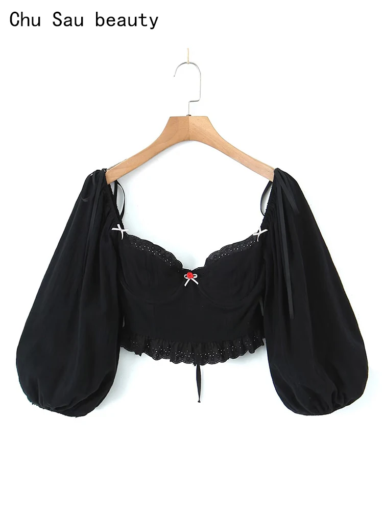 

2023 Women Summer Fashion Sweet Lace Square Collar Short Blouses Cute Bow Princess Cropped Tops Sexy Backless Chic Slim Shirts