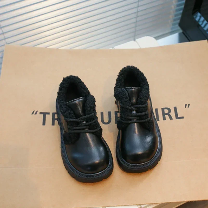 

Winter 2023 New Girls Leather Shoes Thicken Warm Kids Shoes Fashion Black Children Princess Soft Cotton Shoes for Performance
