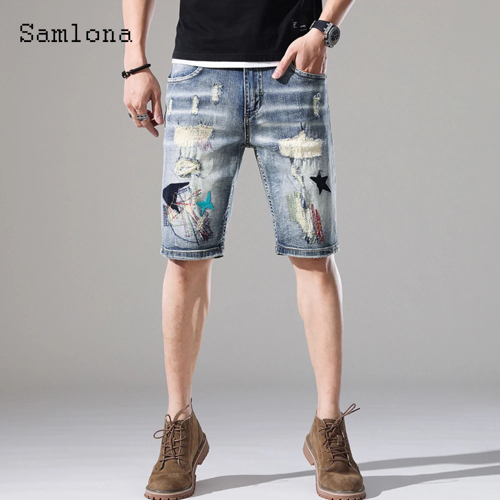 

Samlona Plus Size Men's Denim Shorts Fashion Ripped Jeans Wear 2022 Summer New Casual Knee-Length Demin Pants Sexy Print Hotpant