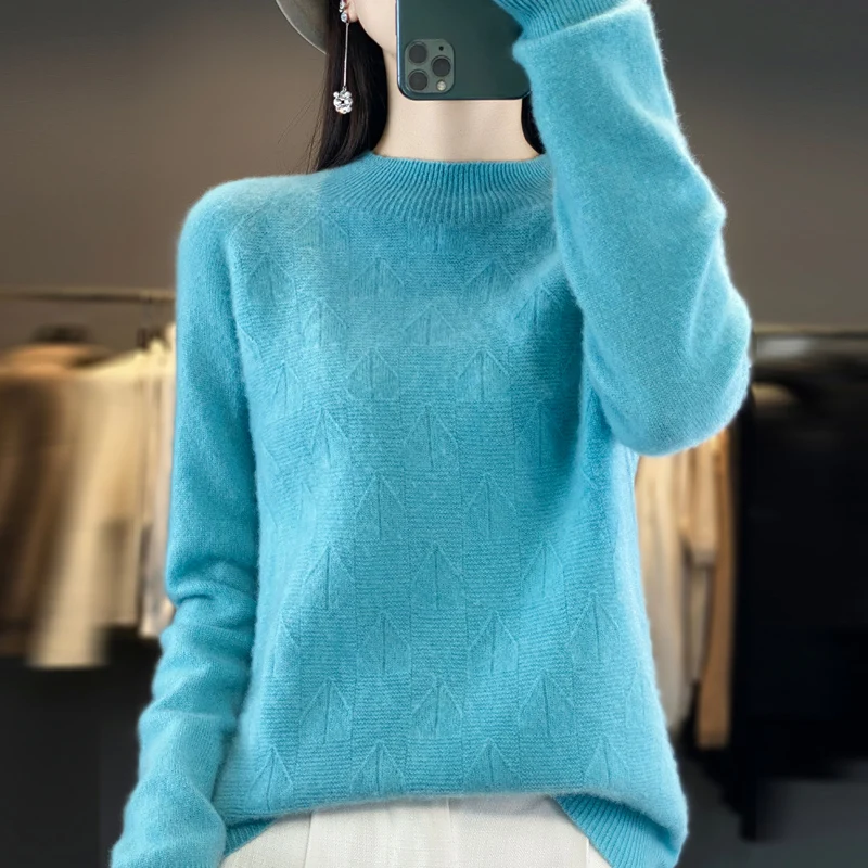 

Autumn Winter Women's Sweater Half High Neck Pullover Long Sleeve Loose Fit Seamless Readymade 100% Wool Jacquard Knits 2023 New