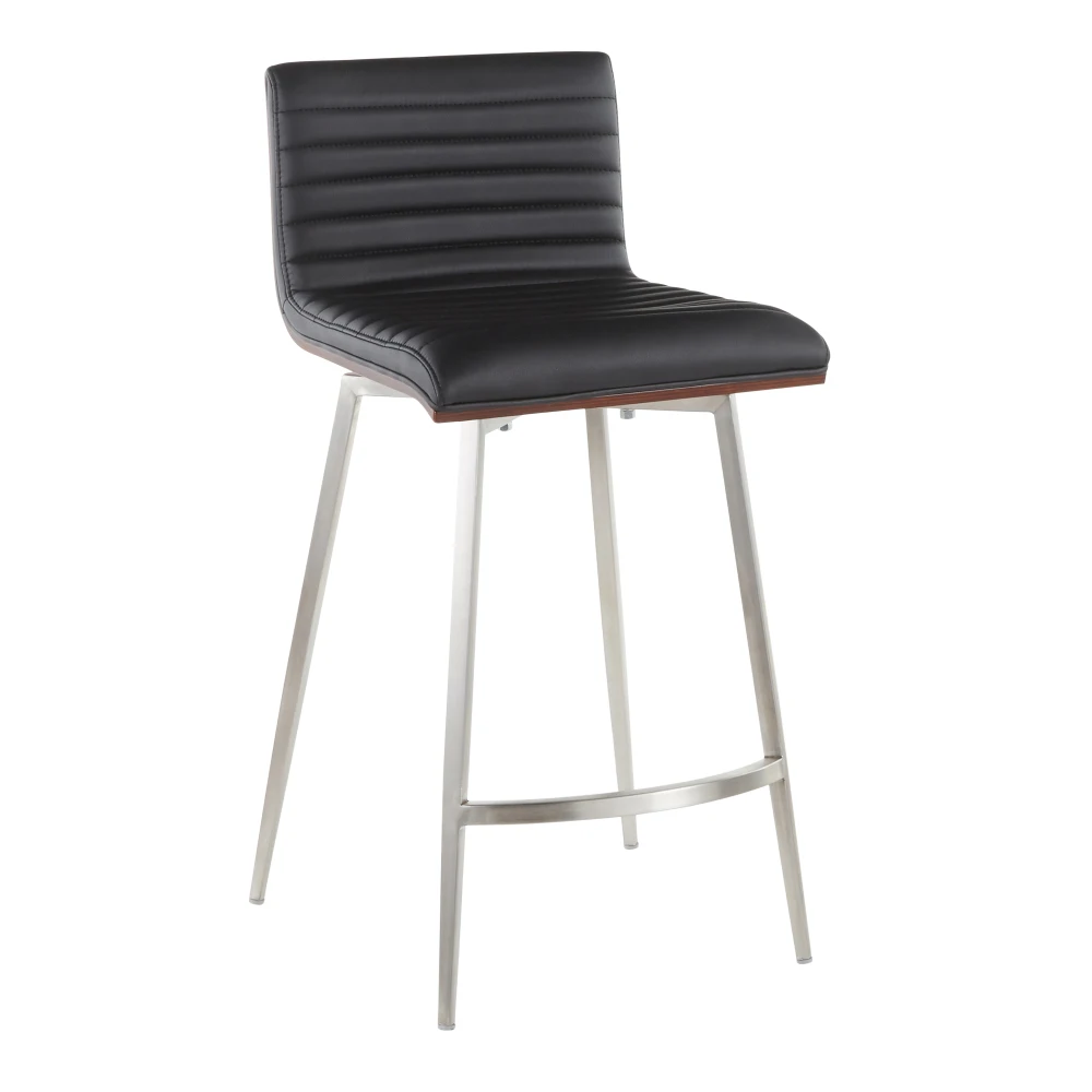 Mason Contemporary Swivel Counter Stool in Stainless Steel, Walnut Wood, and Black Faux Leather by LumiSource - Set of 2 2