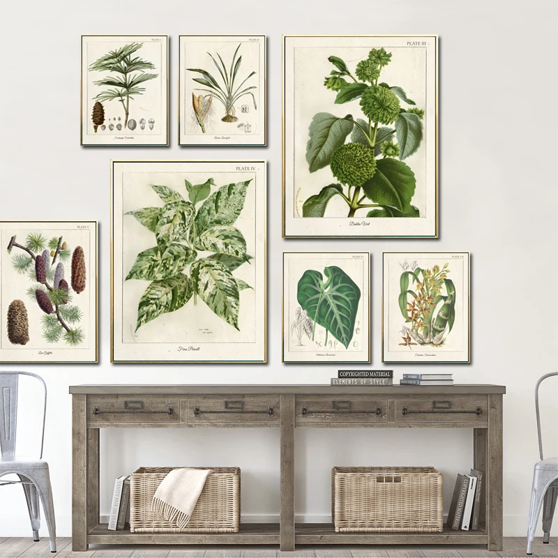 

Botanic Retro Literary Plants Vintage Print Picture with Leaves Wall Art Canvas Poster Decor Room Paintings for Bedroom Flowers