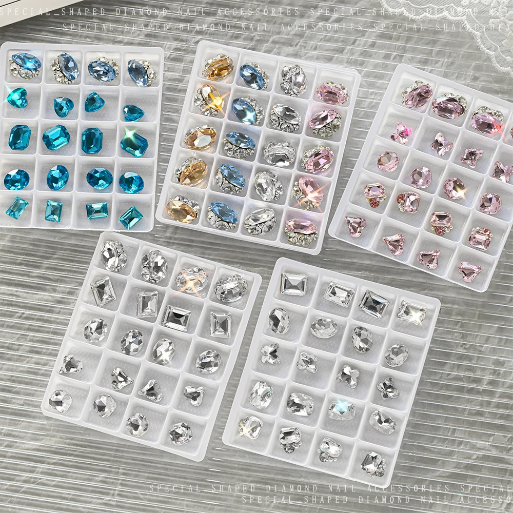20 그리드/박스 3D 반짝 이는 유리 크리스탈 네일 아트 라인 석 대형 보석 직사각형 타원형 하트 뾰족한 바닥 네일 다이아몬드 장식