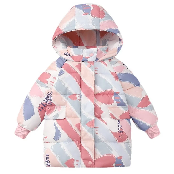 

New winter children's cotton padded jacket 2-8t stand collar hooded cute girls' medium and long thickened cotton padded jacket