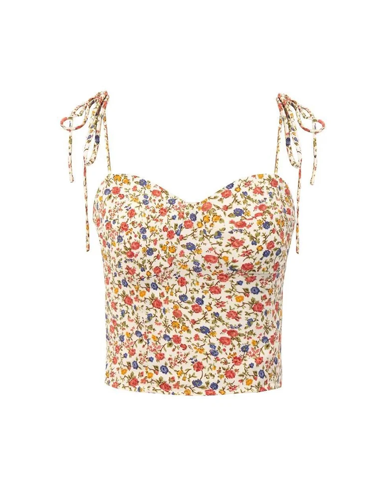 Strappy Spaghetti Strap Cami Top Women Floral Print Backless Slim Tops