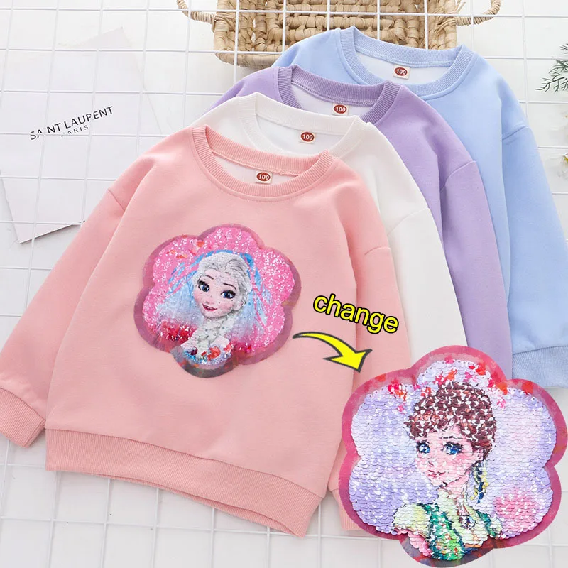 

2023 Spring Girl Frozen T-shirt Little Girl Cartoon Party Pure Cotton Sequin Princess Costume Kids Toddler Long-sleeved Clothes