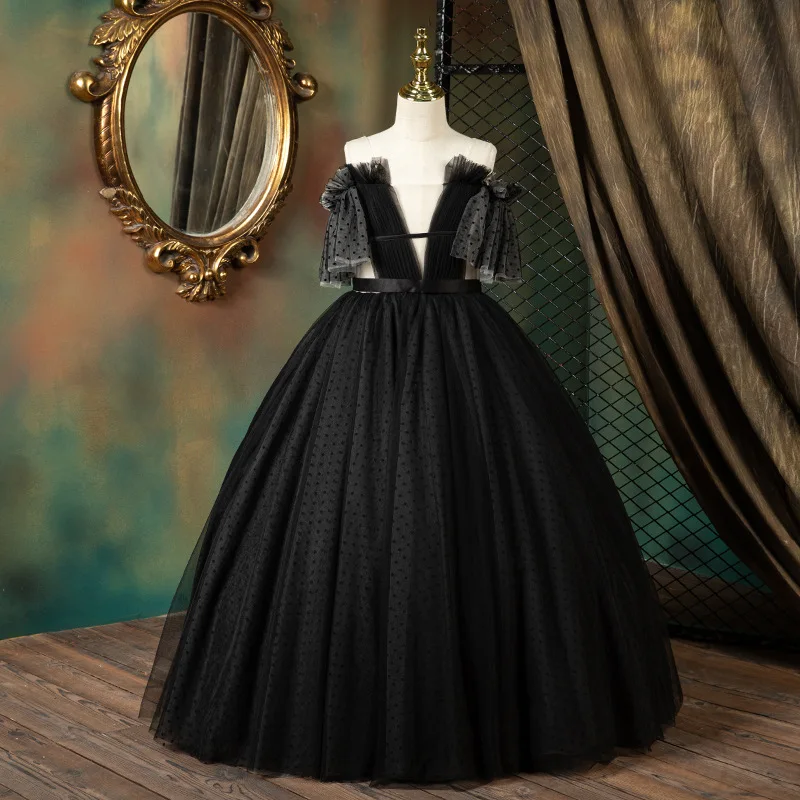 

2024 Black Party Dress for Girls Teenagers Elegant & Sexy Tulle Dresses for Gala Kids Luxurious Prom Ball Gown Infants Partywear