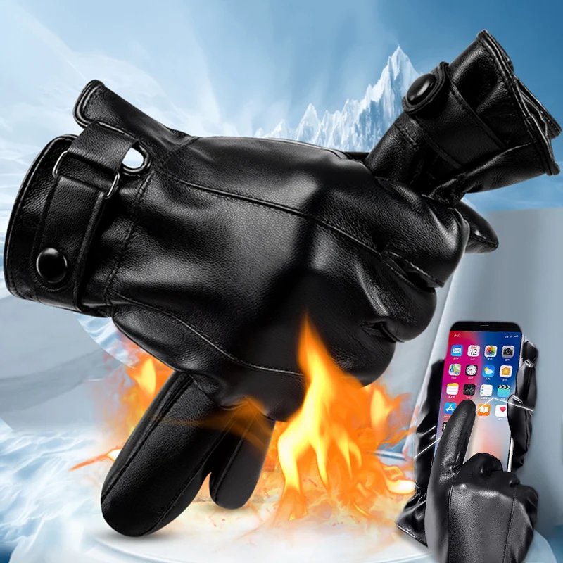 Winter PU Leather Gloves Men's Business Gloves Black Winter Mittens Keep Warm Touchscreen Windproof Driving Guantes Male Autumn