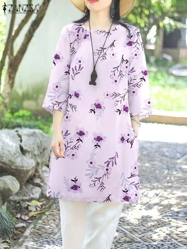 

ZANZEA 2024 летняя винтажная рубашка, кафтан, боковые топы, повседневные длинные блузки с цветочным принтом, женские блузы, праздничная рубашка с круглым вырезом и рукавом 3/4