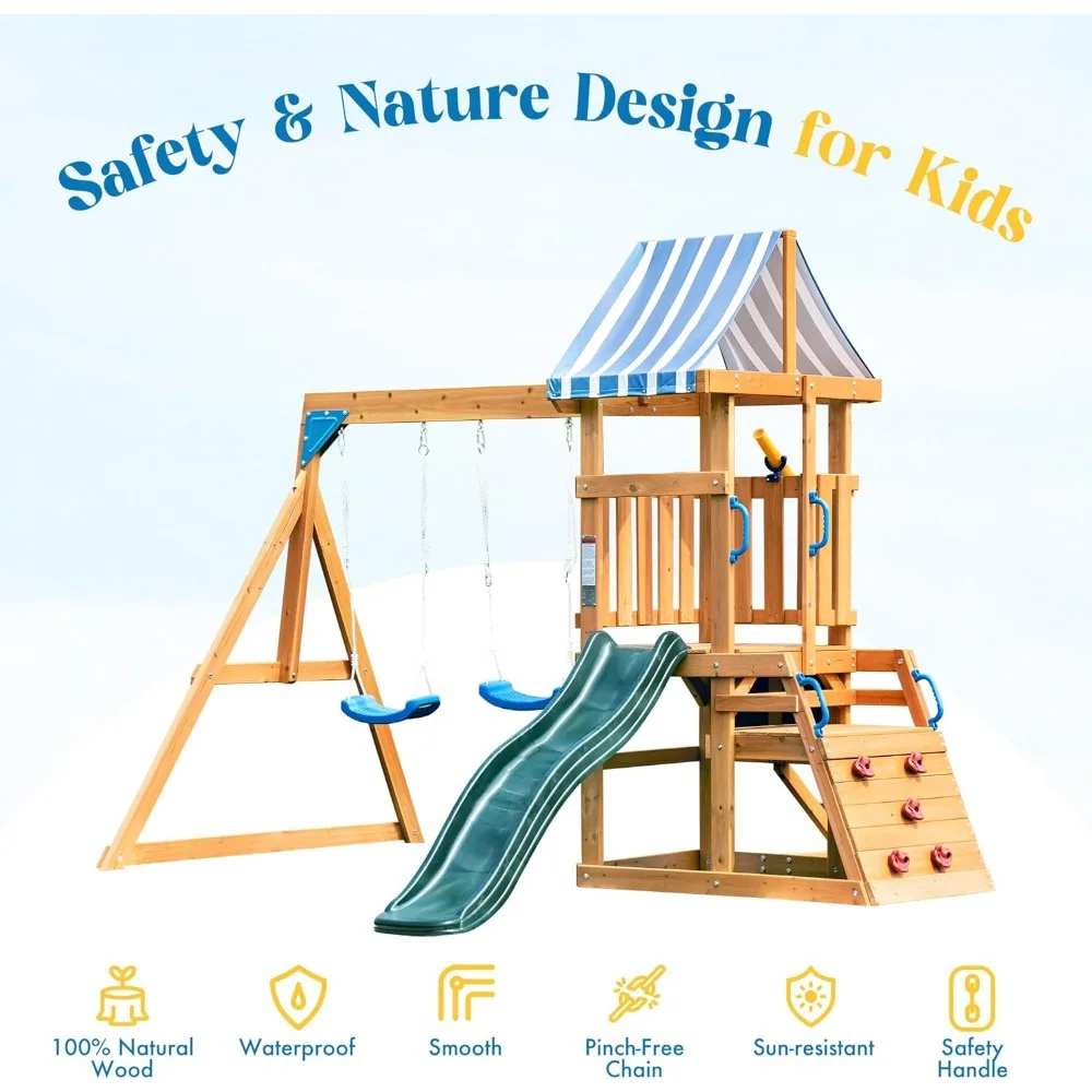 Wooden Swing Set, All-in-One Kids Outdoor Play Equipment with Two Swings, Slide, Blackboard, Telescope, Fort, Outdoor Playset 6