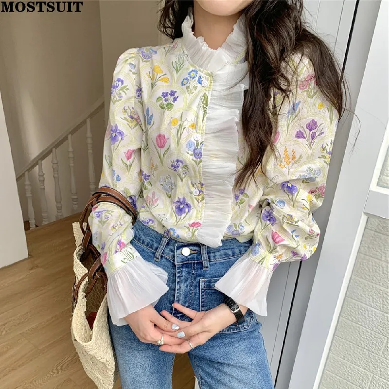 Korean Elegant Printed Women Shirt Blouse 2024 New Ruffles Turtleneck Flare Sleeve Tops Stylish Fashion Chic Ladies Blusas Mujer