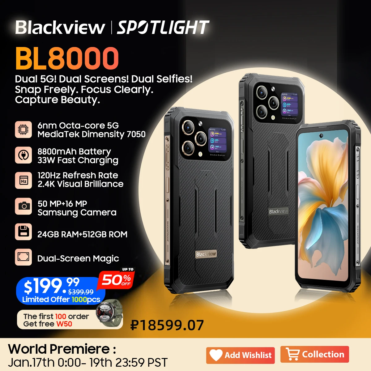 Blackview-teléfono inteligente BL8000 5G, Smartphone resistente de 6,78 pulgadas, 2,4 K, FHD + 120Hz, 24GB, 512GB, 50MP, 8800mAh, 33W