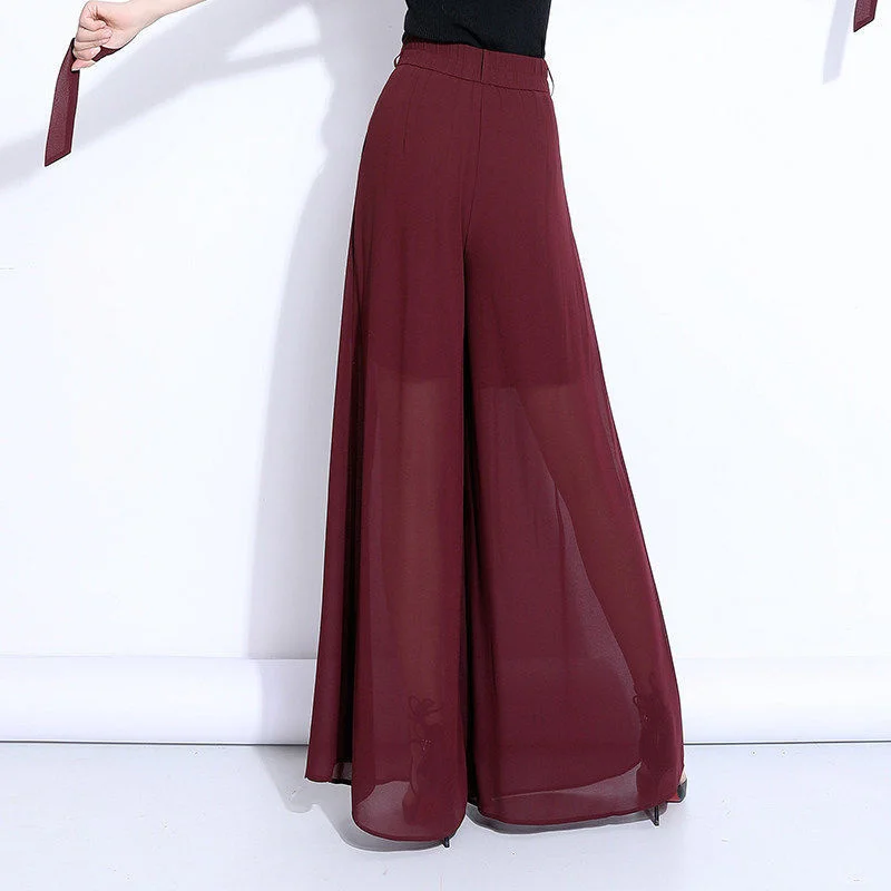 Chiffon Wide Leg Pants 2023 Korean Fashion Loose Casual High Waist Skirt Pants R Women's Solid Comfortable Trousers 3XL