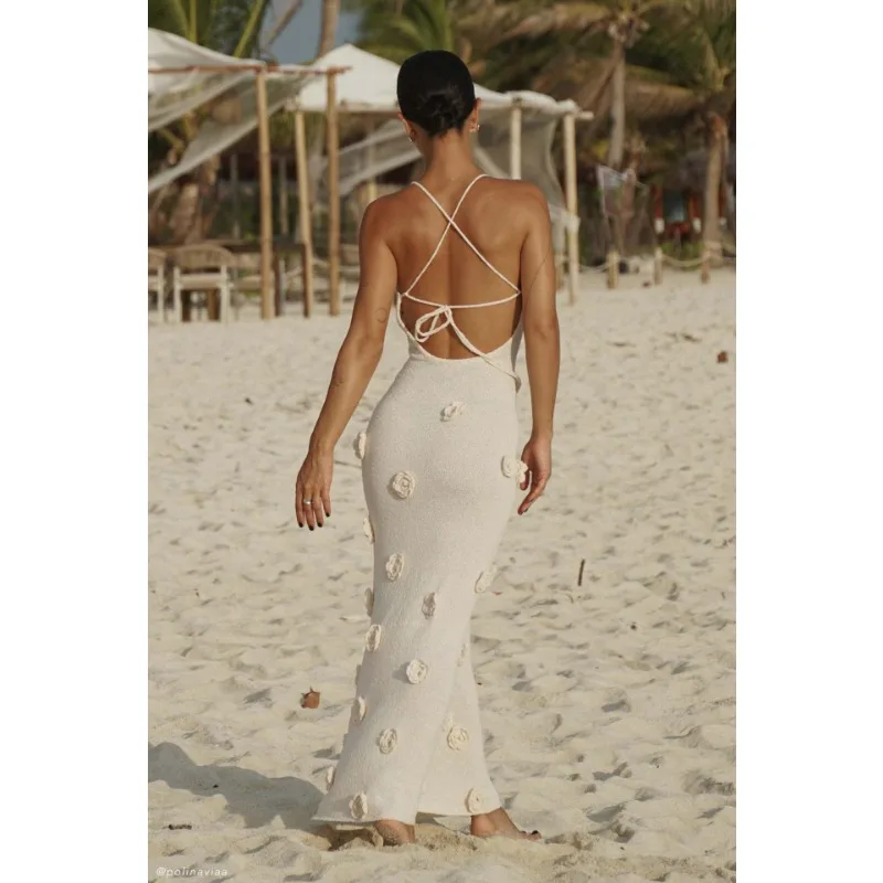 Knit Sweater Floral Halter Dresses Women Backless Lace-Up Patchwork V-Neck Fashion Slim Knitwear Female Party Maxi Dress