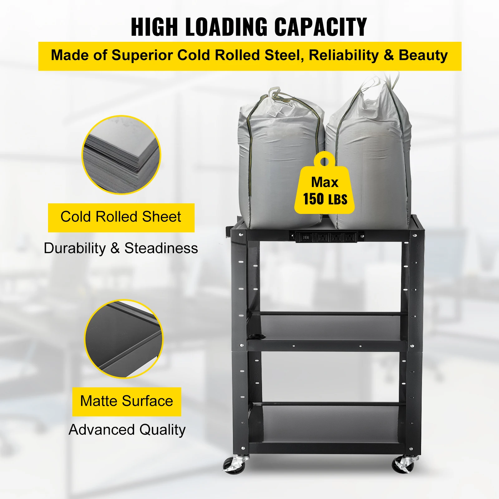 VEVOR Cold Rolled Steel AV Cart Media Cart with Cord Management 24-42 Inch Height Adjustable Shelves with Power Strip Attached