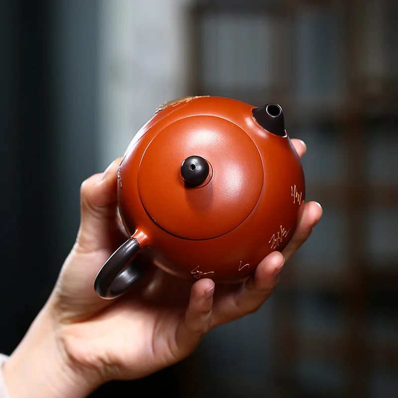 Chinese Style Lotus Seedpod Pattern Teapot, Purple Clay Cinnabar, Kung Fu Household, Handmade, 260ml Xishi Pot, New, 1Pc