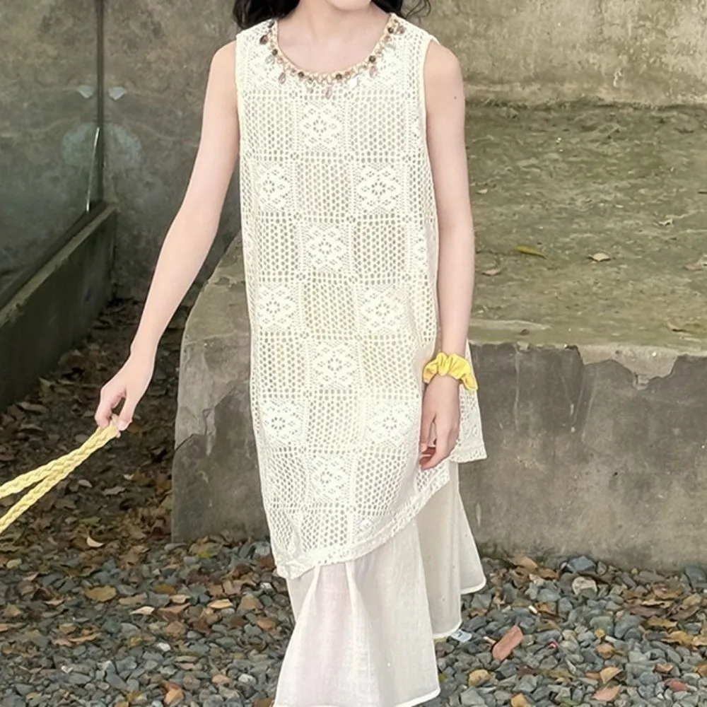 Round Neck Kids Bohemian Shell Dress Princess Hollow Children Beach Long Skirt Sleeveless Casual Girls Patchwork Dress Seaside