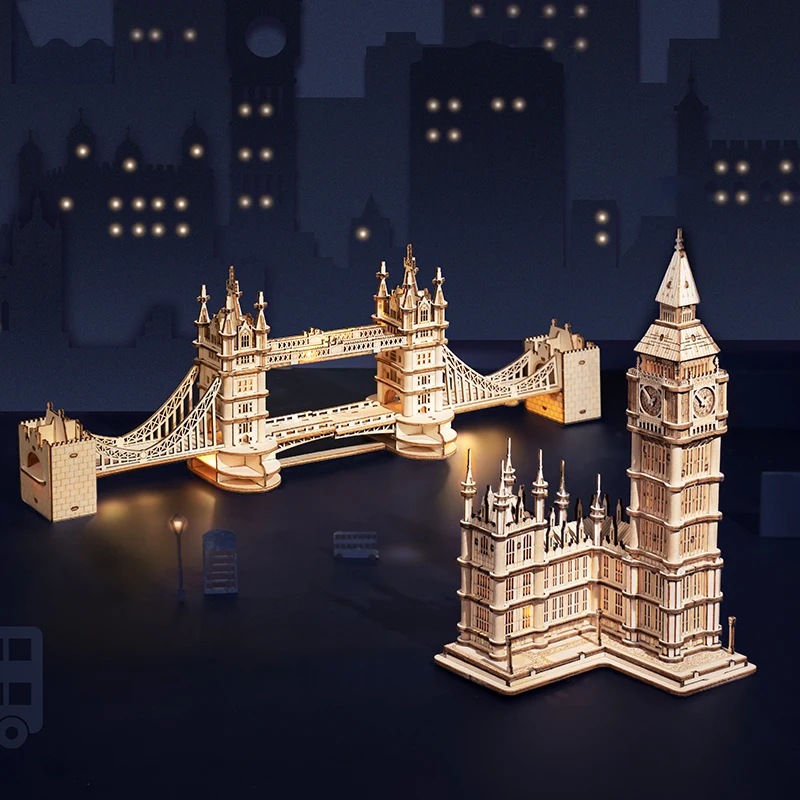3D Puzzle Wooden Craft Kits with LED Light DIY Tower Bridge Big Ben Construction Model Kit to Build for Adults Brain Teaser Puzz 2