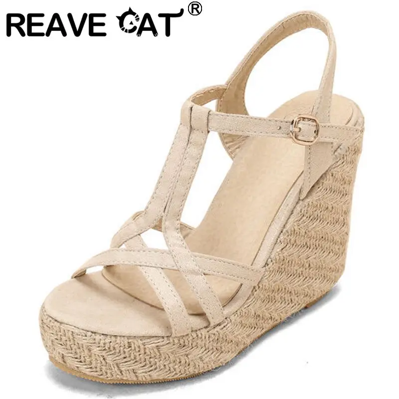 

REAVE CAT Woman Sandals Esparddrilles Ankle Buckle Straps Casual Platform Wedge Concise Big Size 30-48 Black Blue Summer S3614