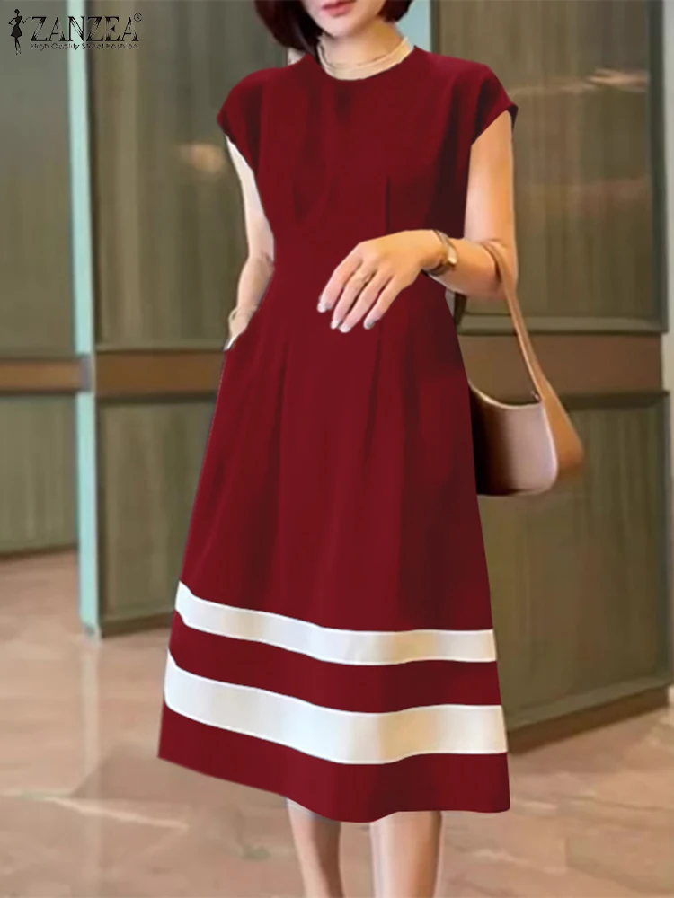 

ZANZEA Women Pleating Midi Dress Casual Colorblock Solid Sundress Holiday Cap Sleeve Waisted Robe 2024 Summer Round Neck Dresses