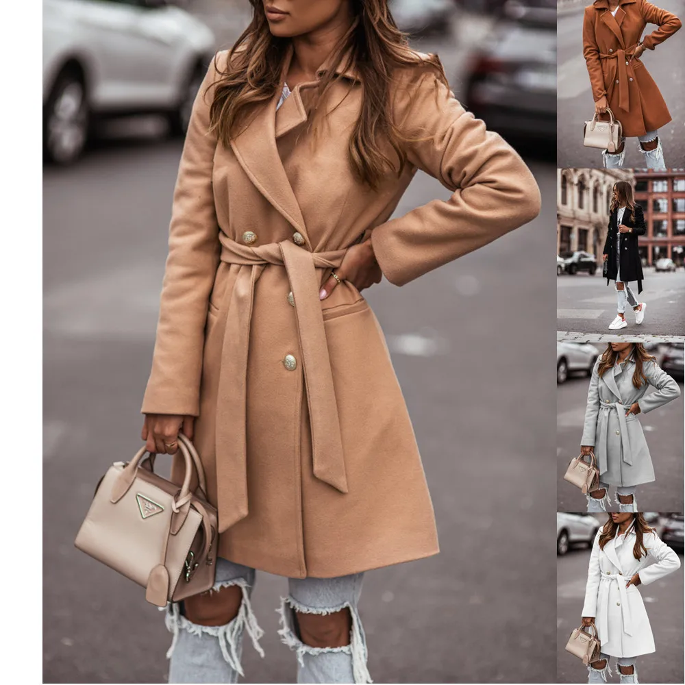 

2023 Autumn/Winter Long sleeved Suit Collar Double breasted Fabric Coat Top for Women