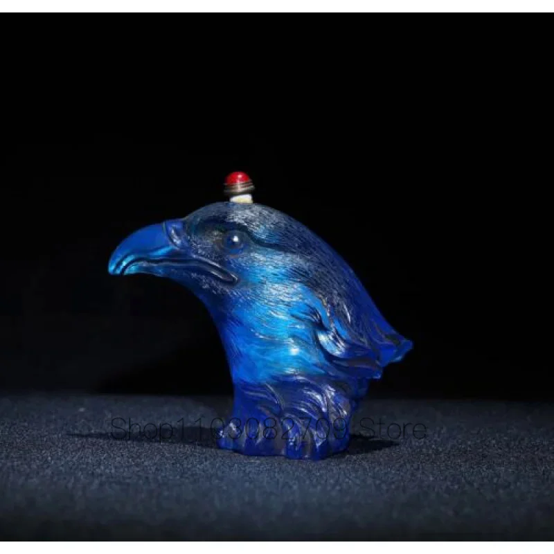 

Exquisite Art Blue Color Glazed Hand Carved Eagle Head Statue Snuff Bottle