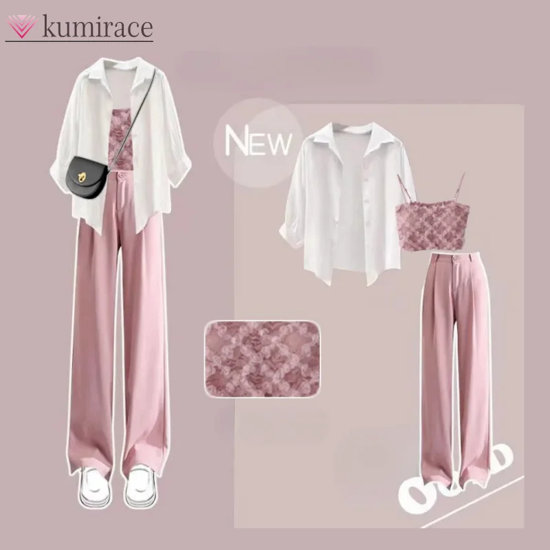 Summer Outfit Set 2024 New Sunscreen Stylish Shirt Top Slimming and Versatile Casual Pants Three Piece Set for Woman Pant Sets 1 2 sets seat adjusting lever brand stylish