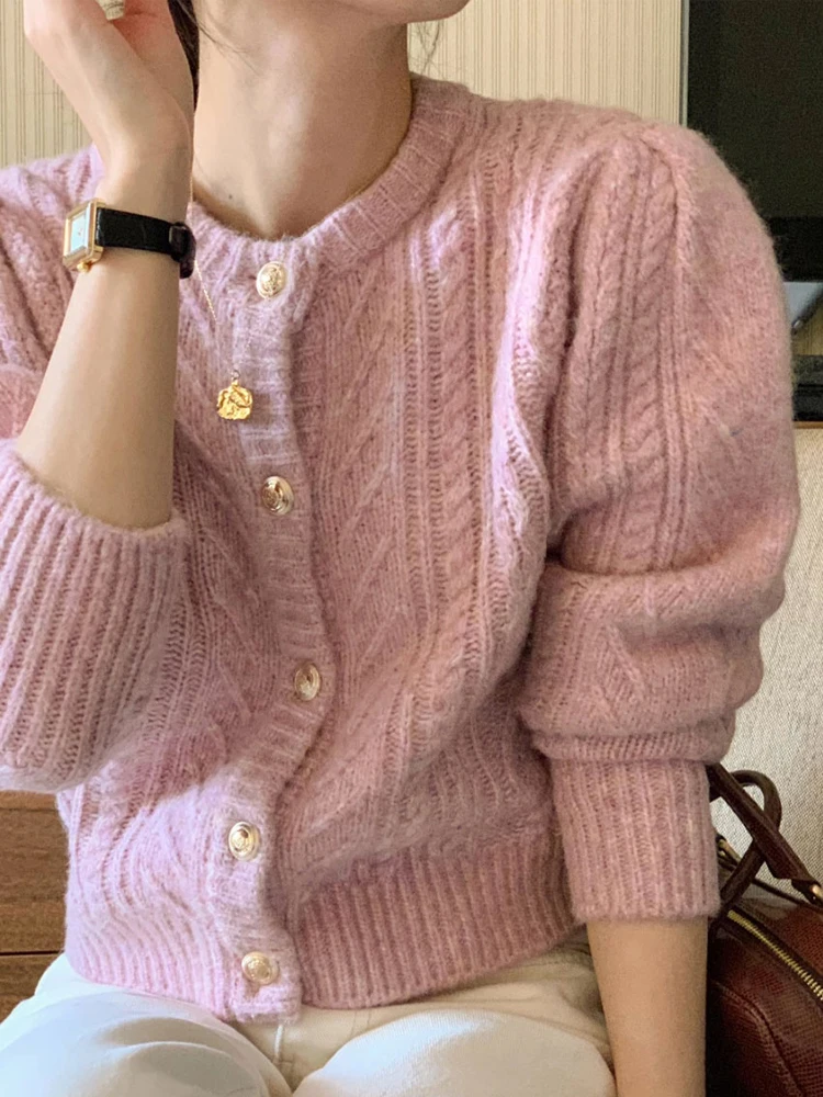 

Women Cardigan Vintage Knitted Sweater Female Elegant Chic Single Breasted Knitwear Coat Casual Fashion Soft Twist Jumpers