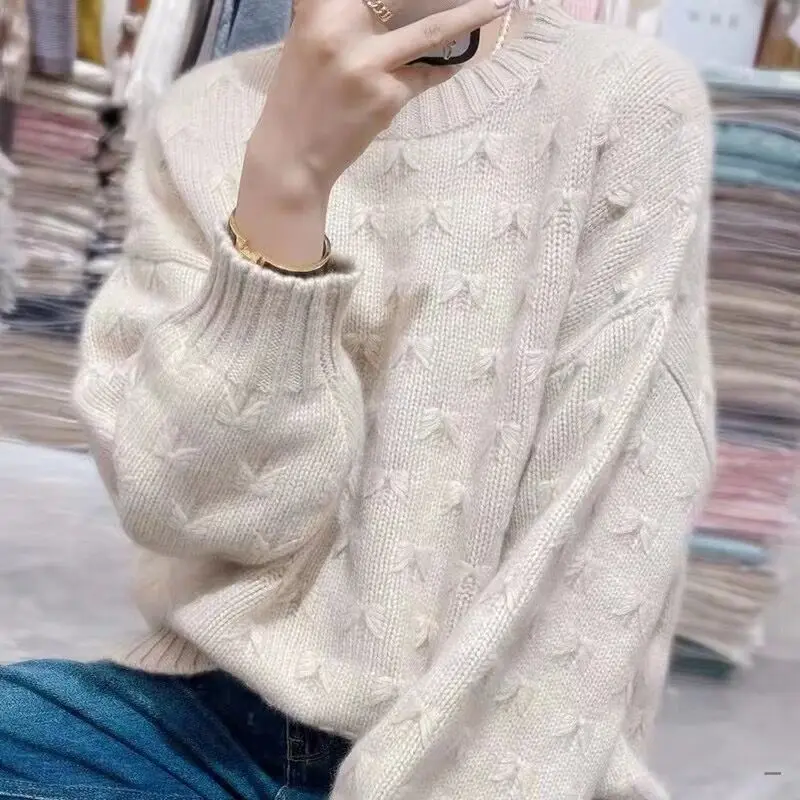 

Cashmere Pullover Autumn/Winter 100% Wool Sweater Casual Loose Knitwear Overside Thickened Round Neck Women's Tops Pull Pearl