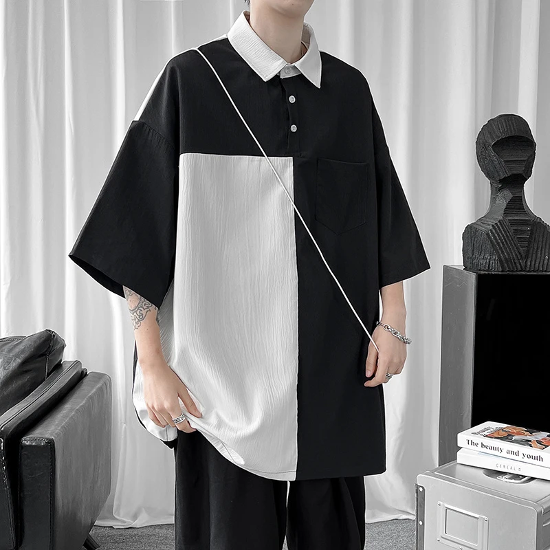 Patchwork Black White Ice Silk Japanese Harajuku Short Sleeve Shirt Men Oversized Blouse Summer Polo Fashion Casual New 2023 Top