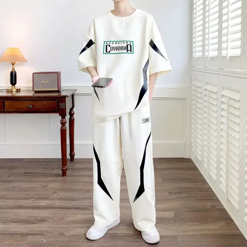 thumbnail image 1 of Conjuntos de camiseta y pantalones para hombre, trajes deportivos lisos, conjunto de pantalones para hombre con alfabeto, conjuntos de dos piezas, oferta XL, estilo coreano, elegante e informal, 1 of 5